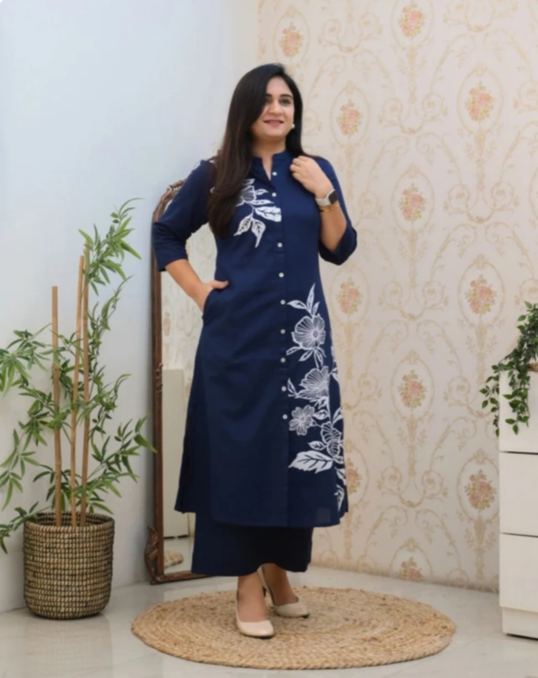 ₹412 | ZELA Women’s Dark Blue Printed Kurta Pant Set – Premium Rayon Ethnic Wear Deal