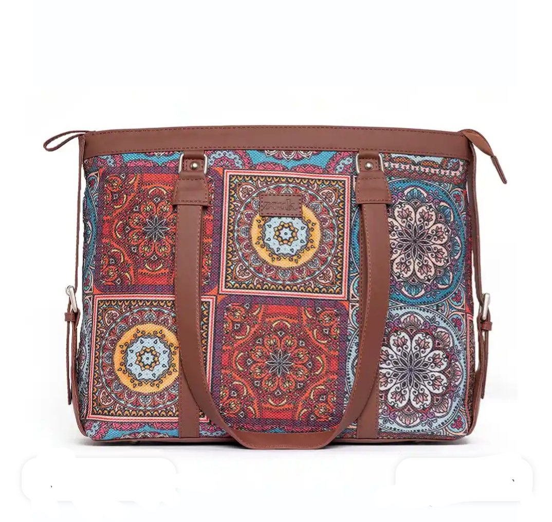 ₹1,499 – Zouk Ethnic Printed Jute Laptop Tote Bag