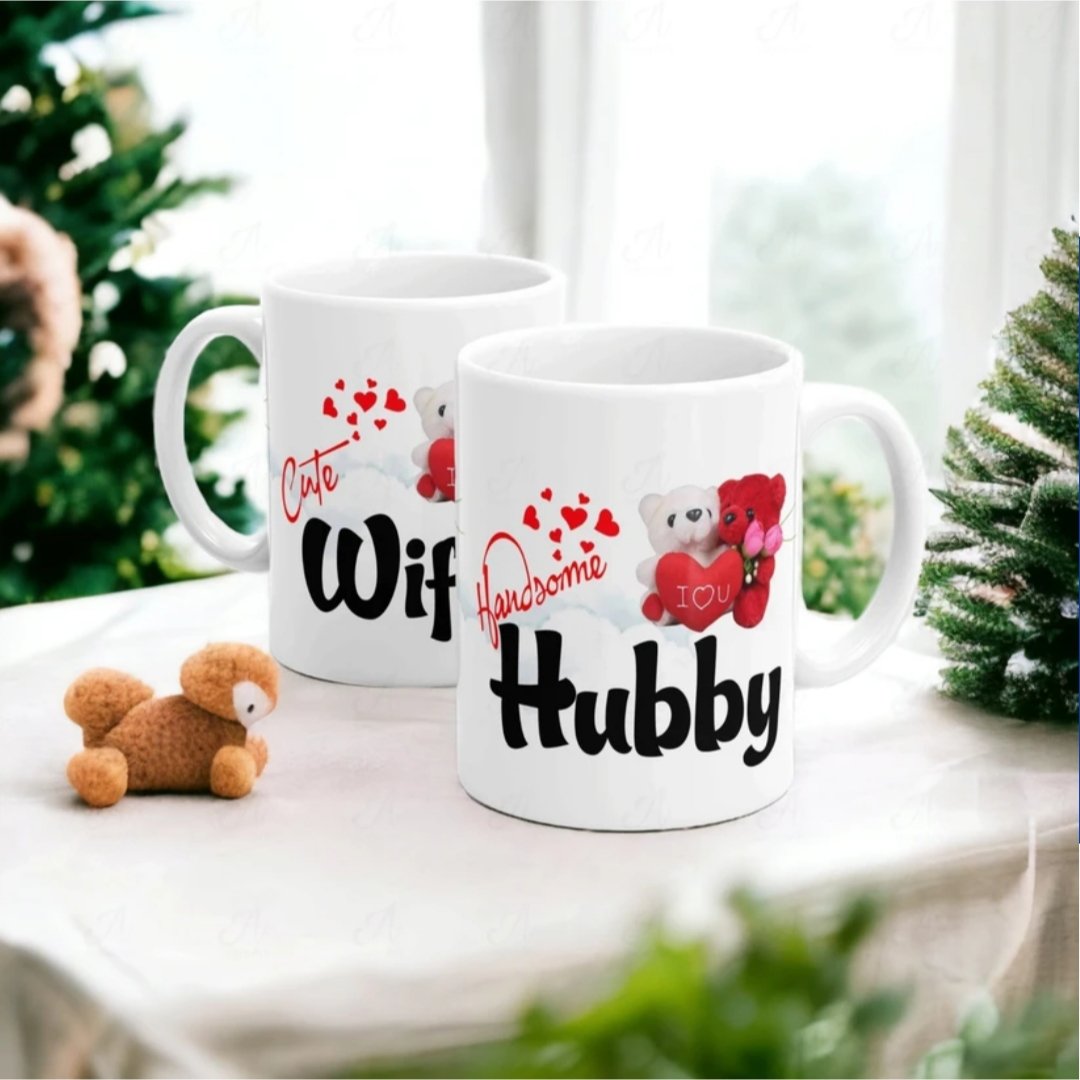 ₹266 Wifey Hubby Ceramic Mug Set | 325ml Couple Coffee Cups Valentine Day Gift