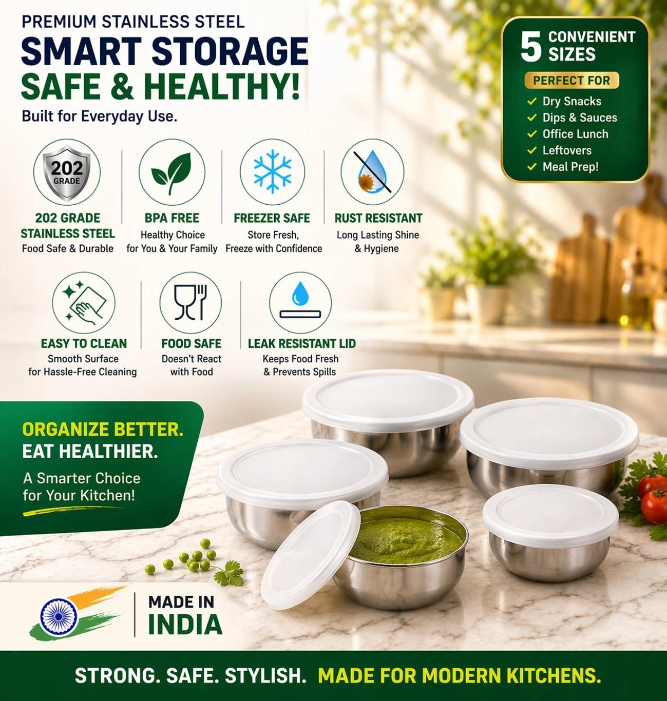 ₹239 Best Steel Kitchen Container Set India | 5 Piece Storage