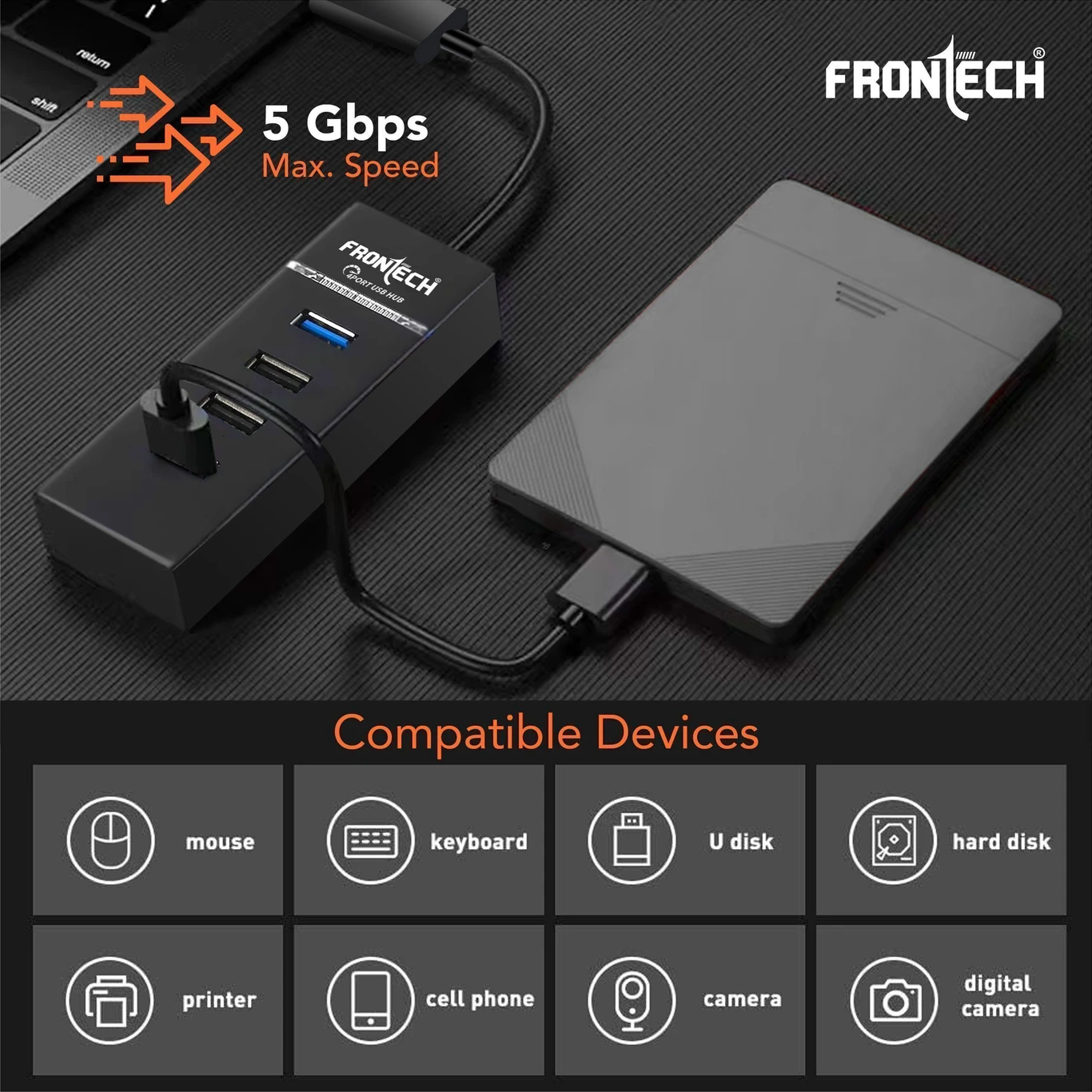 ₹298 Frontech 4 Port USB Hub 5Gbps High Speed Multi USB Splitter