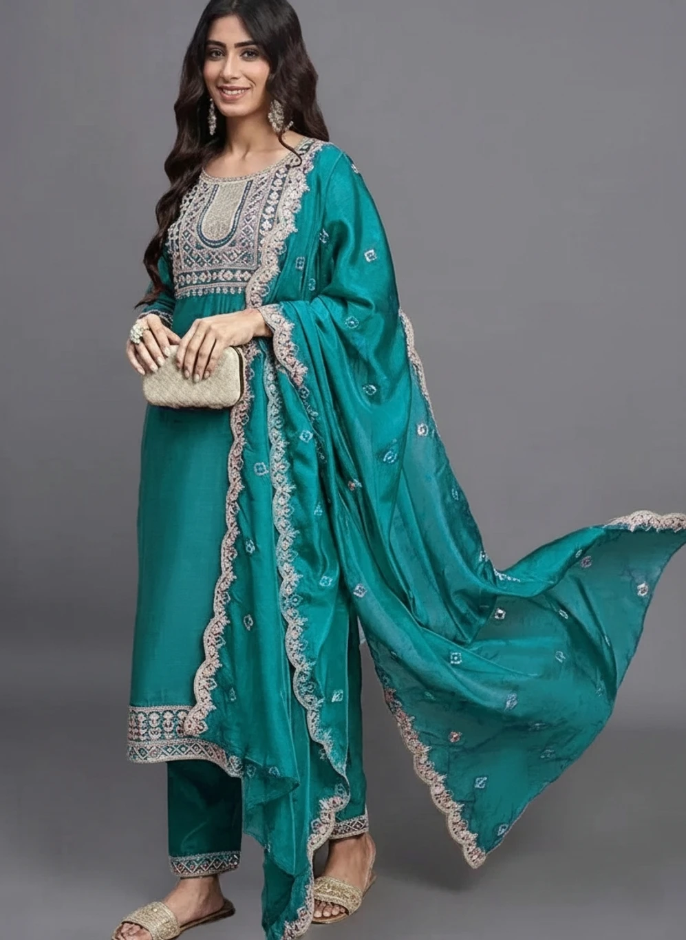 ₹778 Women Kurta Pant Dupatta Set Stylish Festive Wear India