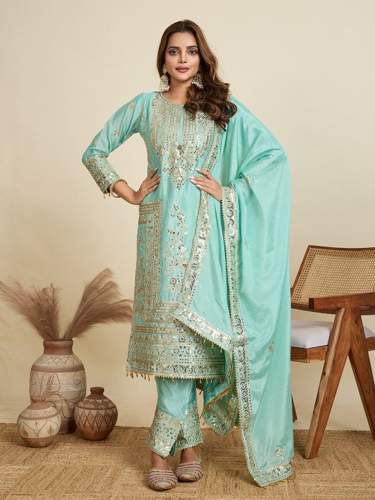 Amalak Embroidered Kurta Trouser Pant Dupatta Set for Women Stylish Ethnic Party Wear Suit Online