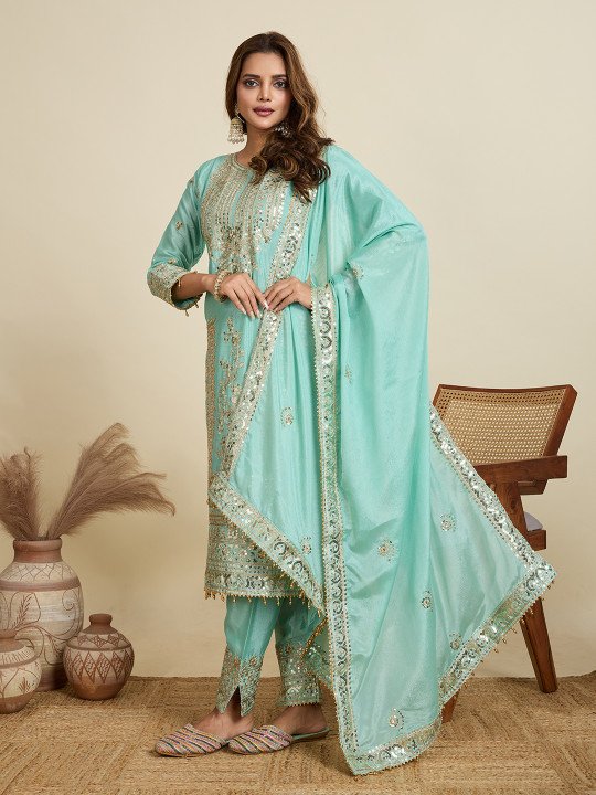 Amalak Embroidered Kurta Trouser Pant Dupatta Set for Women Stylish Ethnic Party Wear Suit Online