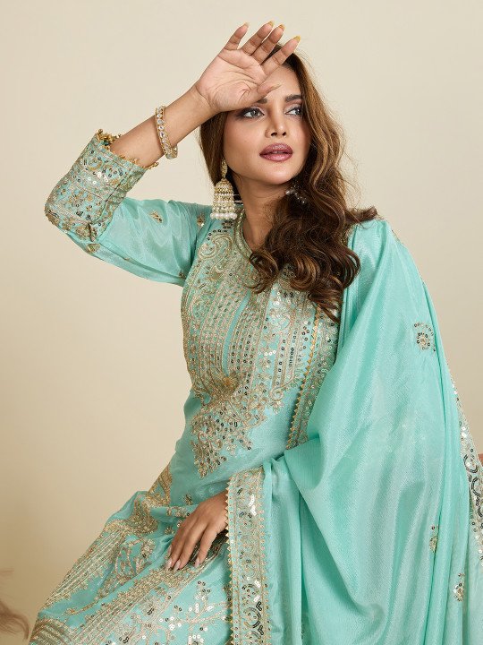 Amalak Embroidered Kurta Trouser Pant Dupatta Set for Women Stylish Ethnic Party Wear Suit Online