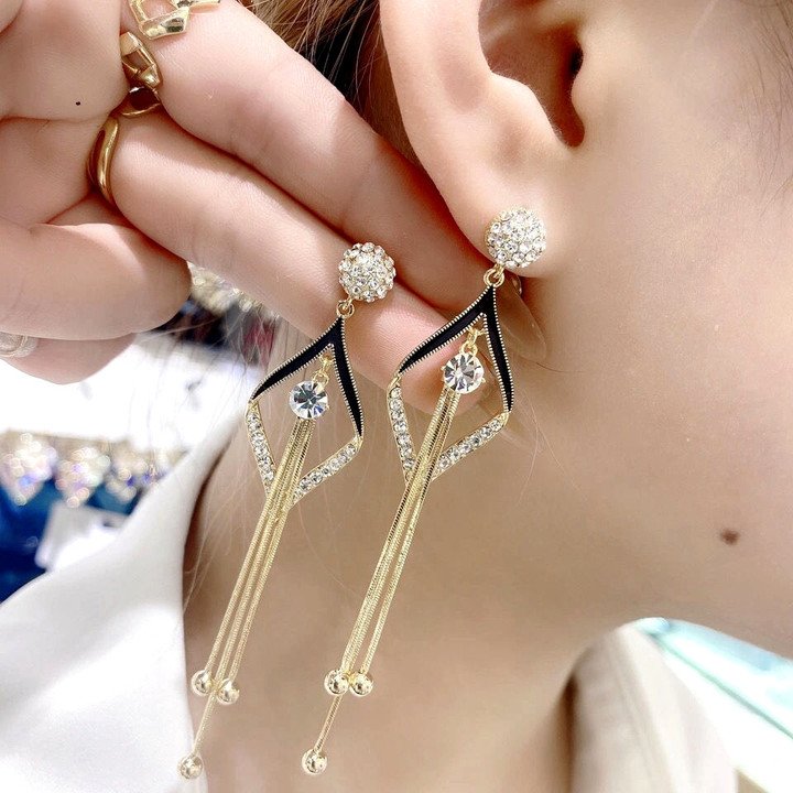 Celestique Korean Fashion Earrings for Women – Trendy Gold &amp; Black Alloy Drop Danglers