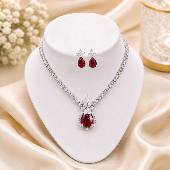 Silver Red Jewellery Set for Casual Ethnic Women Fashion Styling