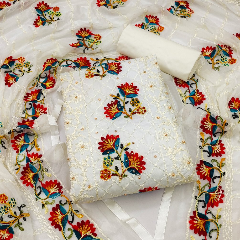 Cotton Blend Embroidered Salwar Suit Material for Women