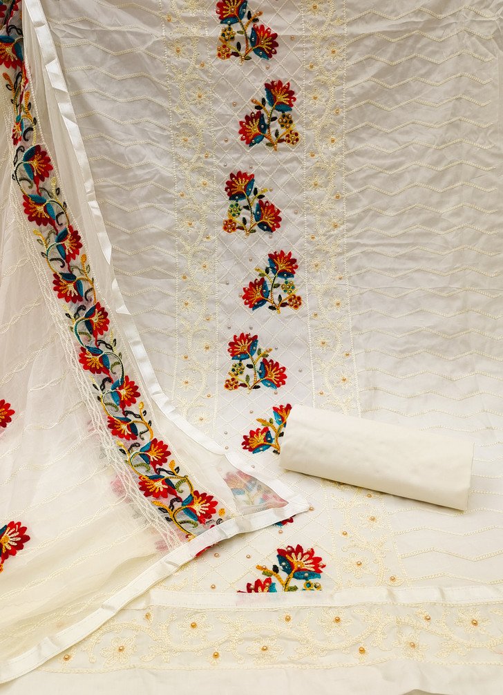 Cotton Blend Embroidered Salwar Suit Material for Women
