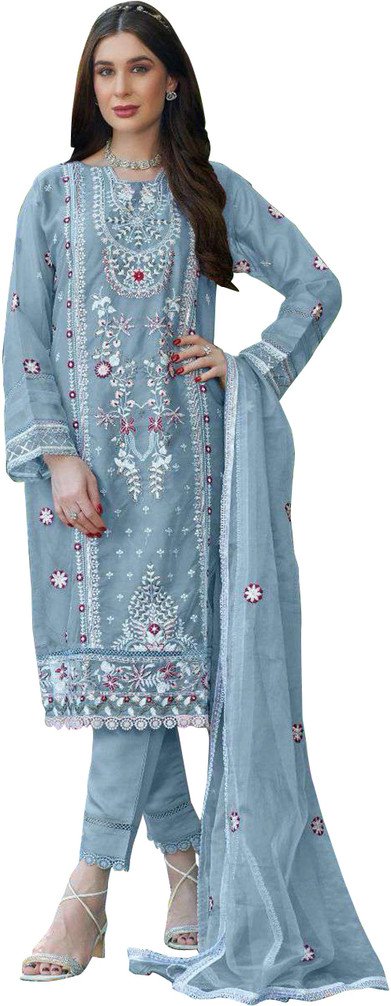 ZONFAB Organza Embroidered Salwar Suit Material for Festive Wear