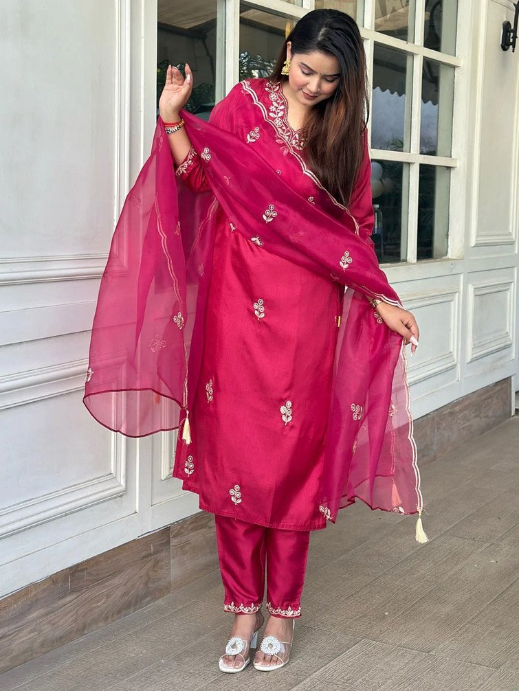 HOUSEOFPATODI Women Kurta Pant Dupatta Set for Festive Occasions