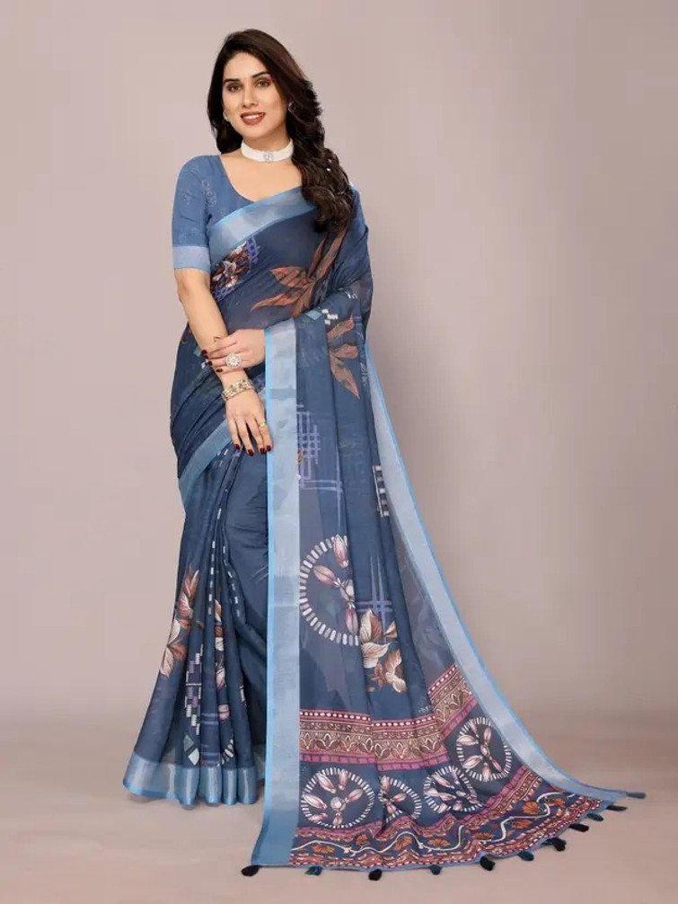 VCREATION Digital Print Cotton Linen Saree for Women Daily Wear
