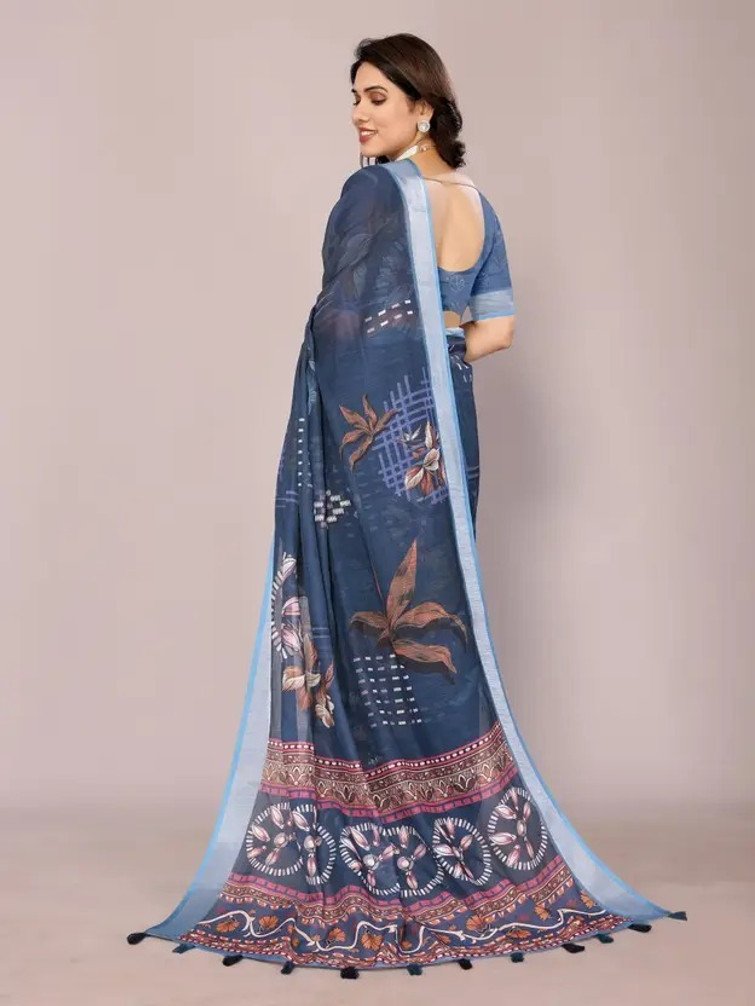 VCREATION Digital Print Cotton Linen Saree for Women Daily Wear