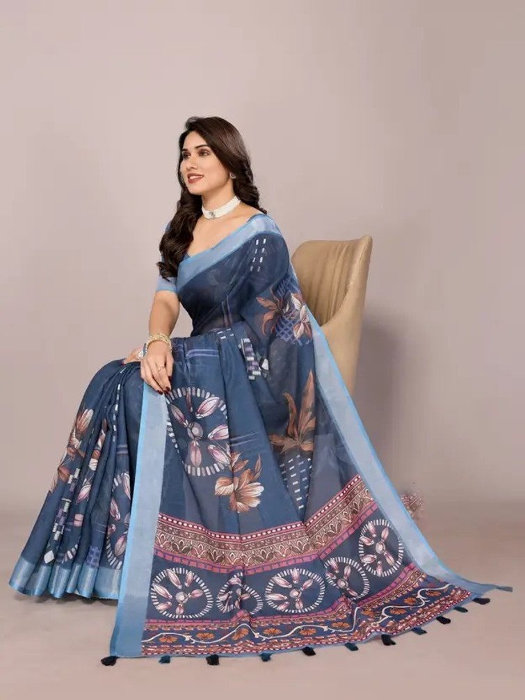 VCREATION Digital Print Cotton Linen Saree for Women Daily Wear