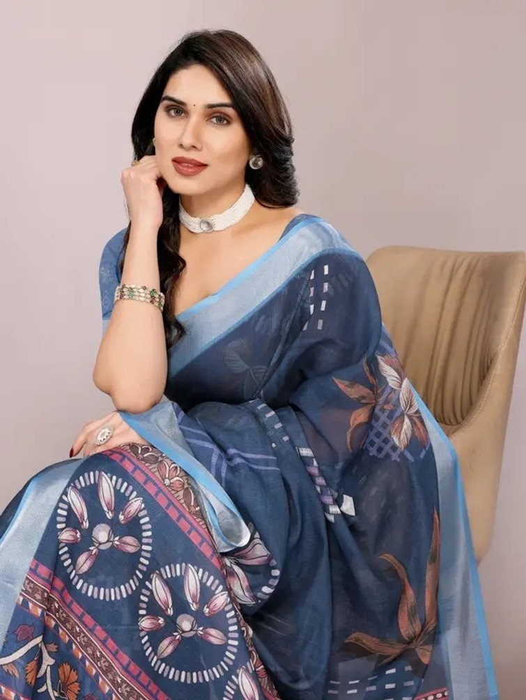 VCREATION Digital Print Cotton Linen Saree for Women Daily Wear