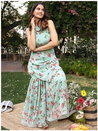 ₹3650 Floral Printed Silk Chiffon Kurta and Sharara Set for Women