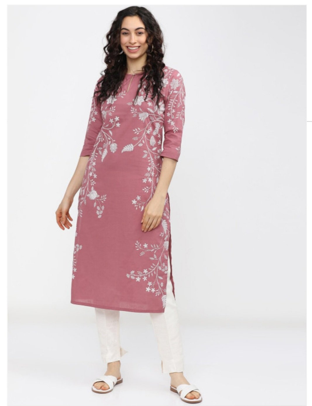₹467 Vishudh Pink Floral Kurta for Women | Cotton Keyhole Neck Style