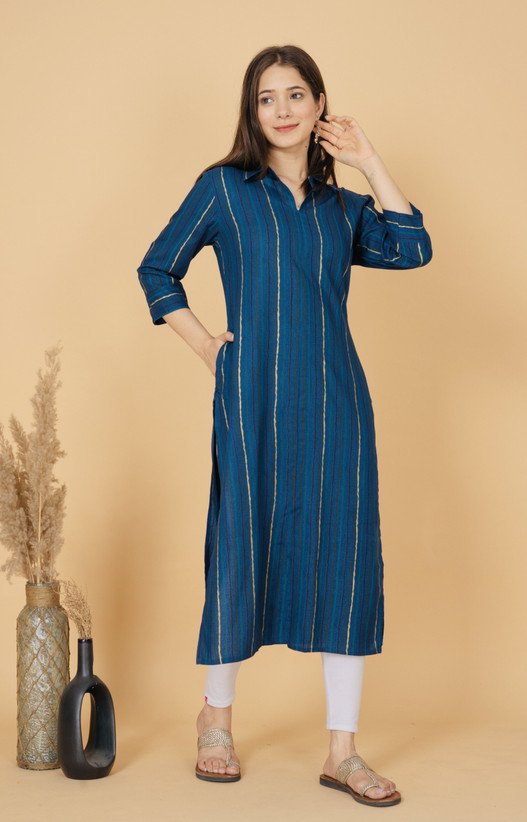 ₹557 Rimeline Striped Viscose Rayon Straight Kurta for Women in Dark Blue
