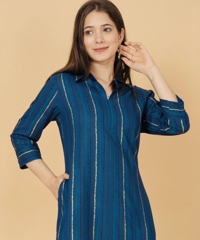 ₹557 Rimeline Striped Viscose Rayon Straight Kurta for Women in Dark Blue