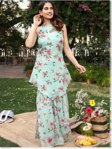 ₹3650 Floral Printed Silk Chiffon Kurta and Sharara Set for Women