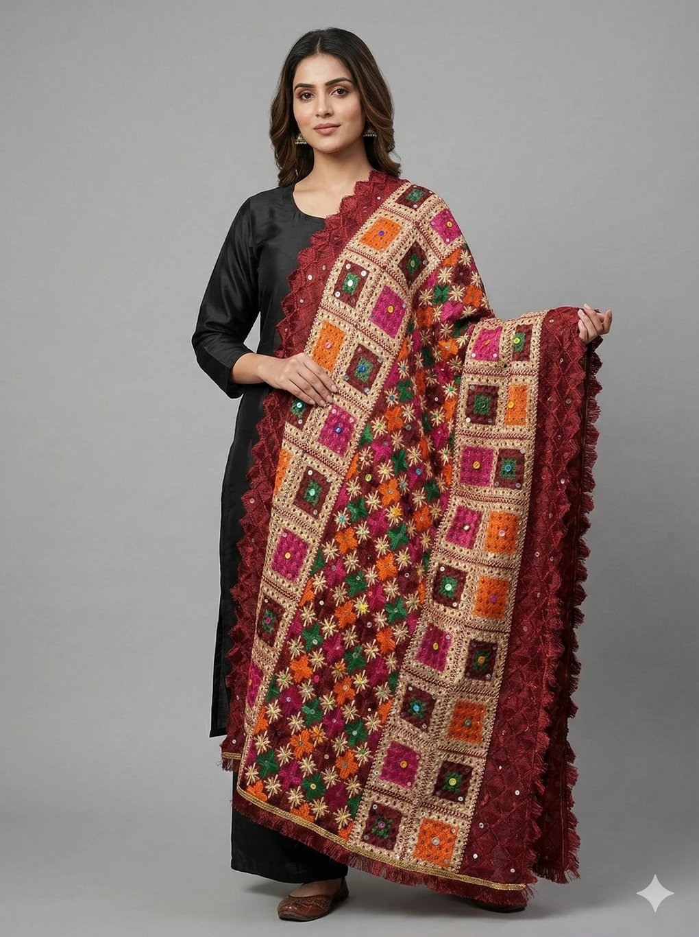 ₹642 VirasatPhulkari Multicolor Embroidered Chiffon Dupatta – 68% Off
