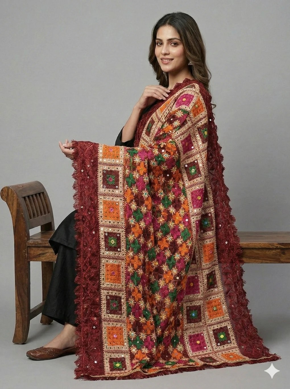 ₹642 VirasatPhulkari Multicolor Embroidered Chiffon Dupatta – 68% Off