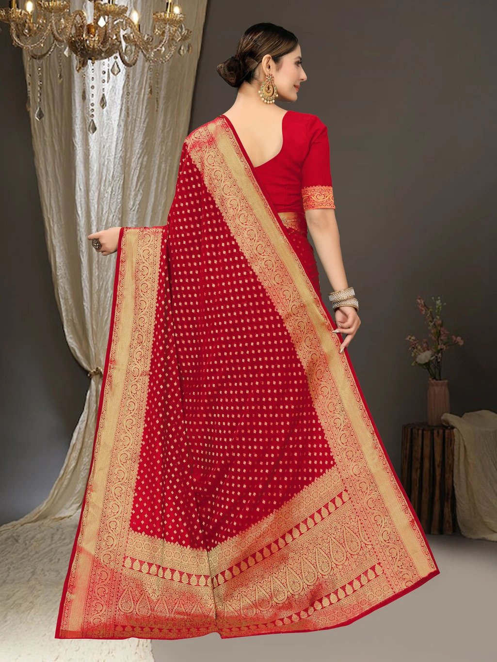 ₹438 Red Banarasi Silk Blend Saree for Dussehra Festive Women & Style