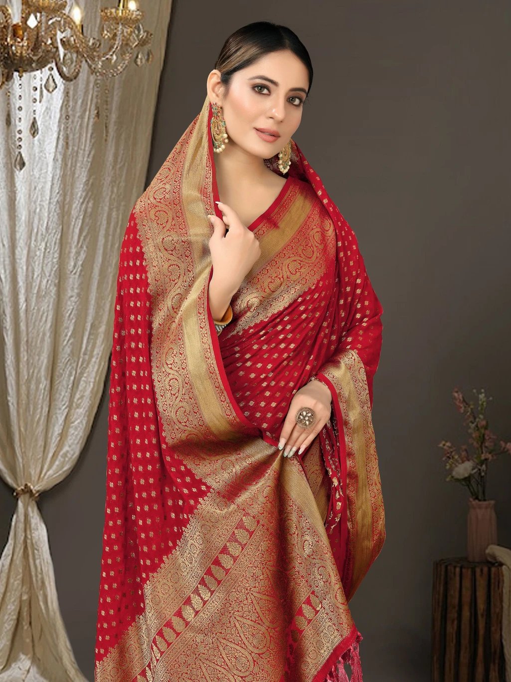₹438 Red Banarasi Silk Blend Saree for Dussehra Festive Women & Style
