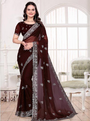 ₹2999 Maroon Embroidered Silk Blend Saree for Dussehra Festive Style