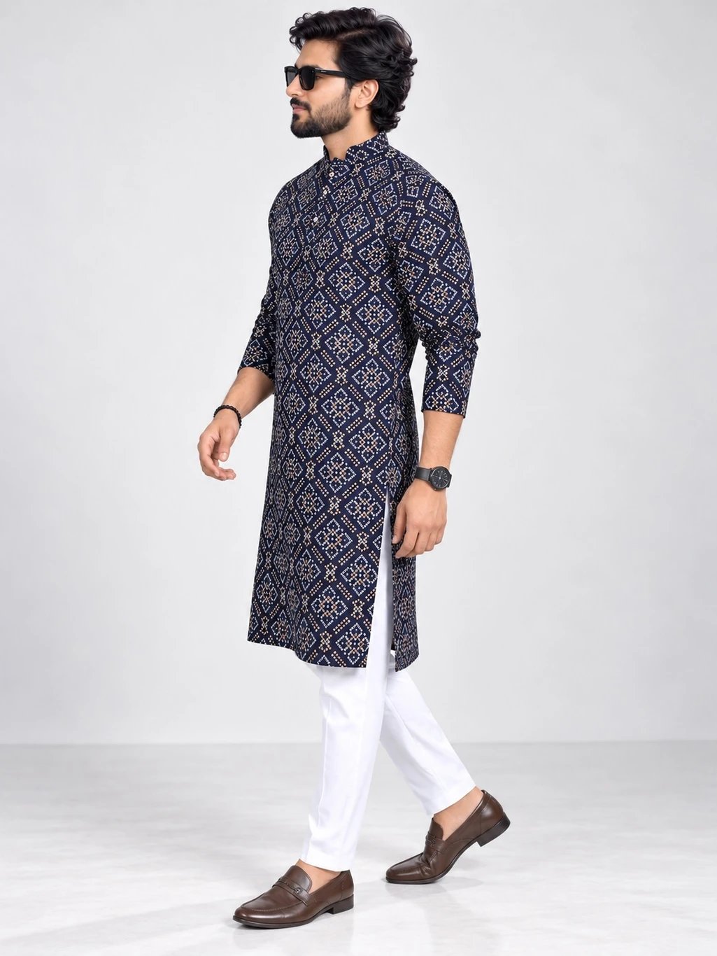 ₹599 Blue Bandhani Print Viscose Rayon Kurta for Men for Dussehra