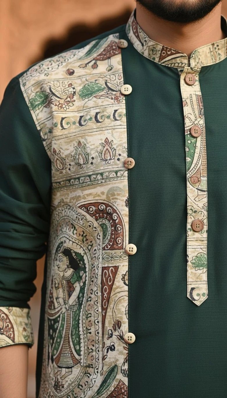 ₹800 Dark Green Printed Cotton Silk Kurta for Men | Dussehra 2026