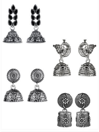 ₹344 Yellow Chimes Set of 4 Silver-Plated Oxidised Jhumkas for Women