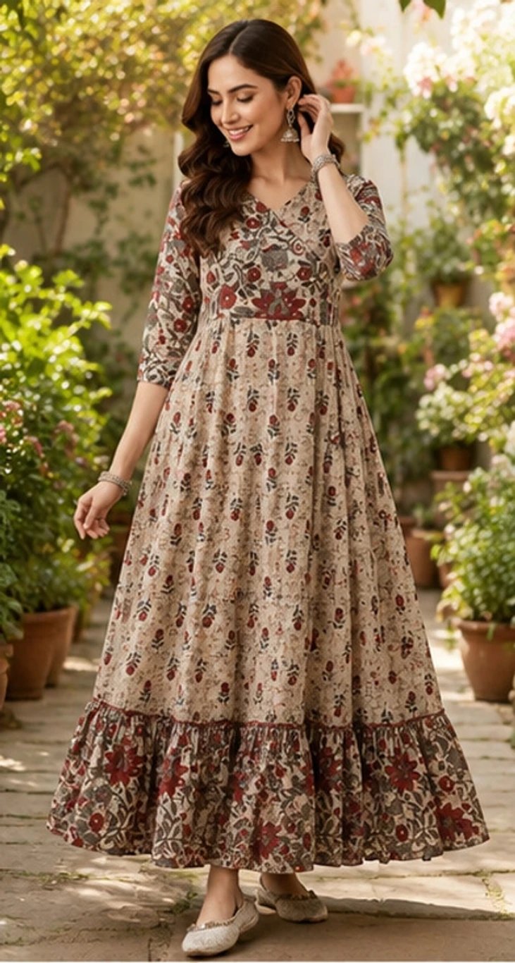 ₹429 UniqueKurti Beige Floral Anarkali Gown for Women