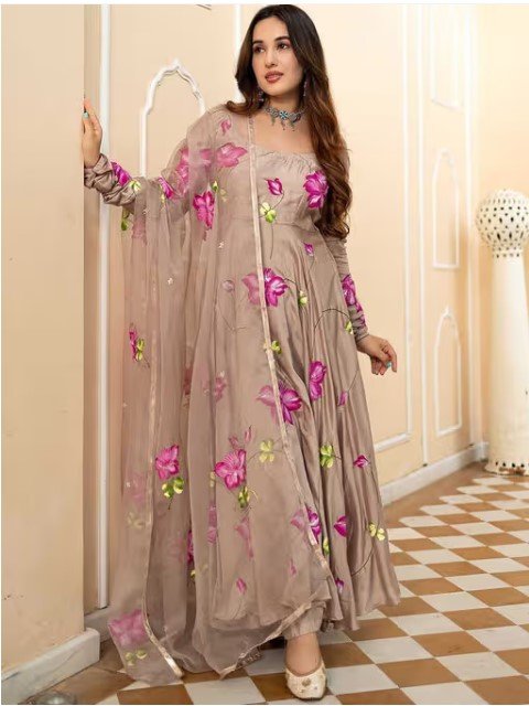 ₹610 DAIDAI Floral Print Ruffled Crepe A-Line Maxi Dress for Women