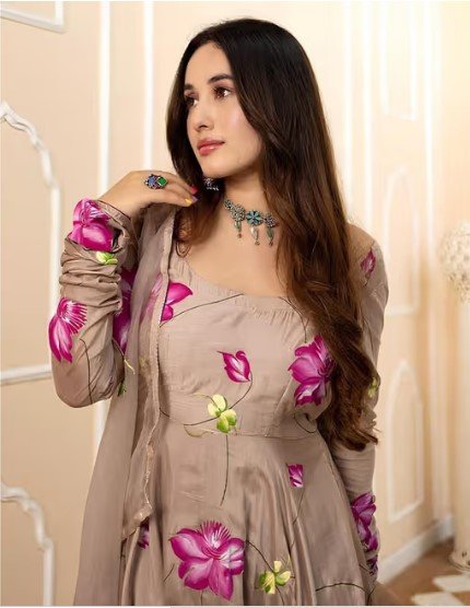 ₹610 DAIDAI Floral Print Ruffled Crepe A-Line Maxi Dress for Women